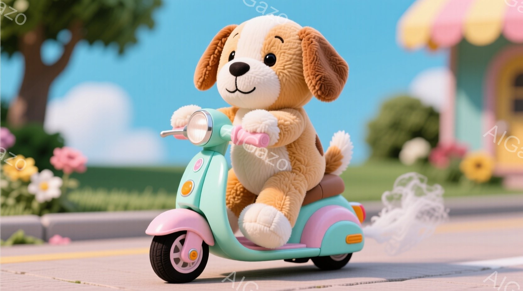ふわふわの茶色い犬のぬいぐるみは、ピンクと水色のレトロなスクーターに乗って、アスファルトの道を進んでいます。犬は嬉しそうな表情で、前方にまっすぐ見ています。背景には緑豊かな木々、花、そして晴れた空が広がっており、全体的に明るく楽しい雰囲気です。