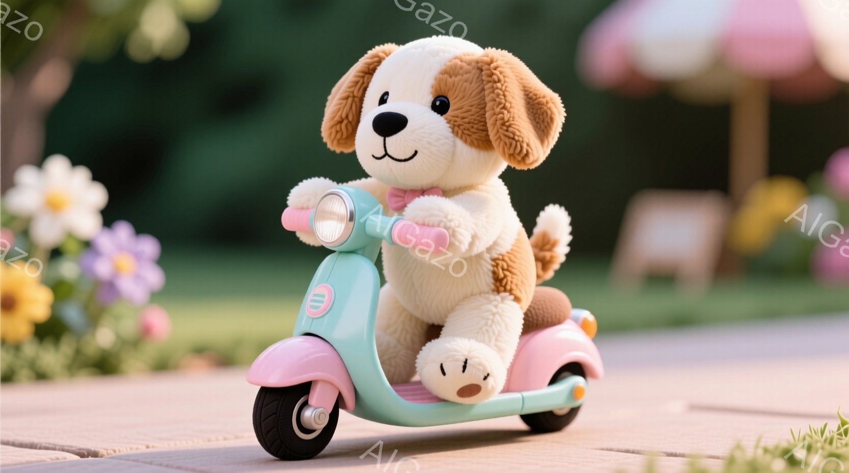 ふわふわのクリーム色の犬のぬいぐるみは、パステルブルーとピンクの可愛らしいスクーターに乗っています。赤い蝶ネクタイをつけ、前足をハンドルに、後ろ足はスクーターの足置きに置いている様子はとても愛らしいです。背景には緑の芝生とカラフルな花々、そしてぼやけたパステルカラーのパラソルが見え、明るく穏やかな雰囲気を醸し出しています。