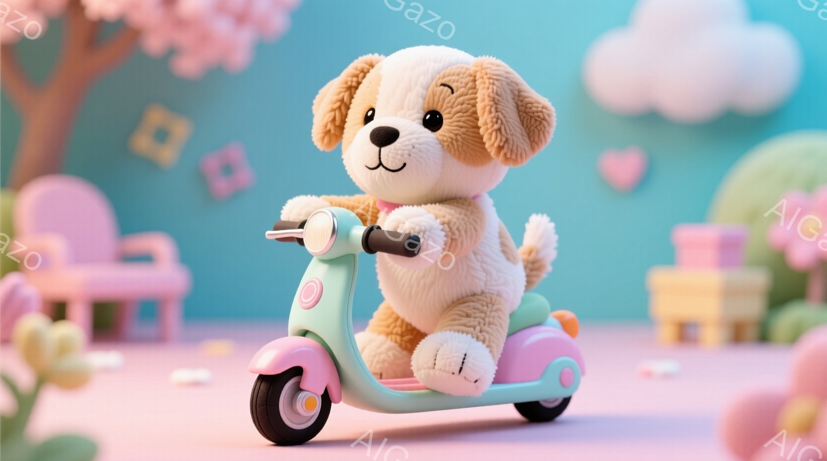 ふわふわのクリーム色の犬が、水色の小さなスクーターに乗っています。ピンク色のヘルメットをかぶり、前をまっすぐ見て楽しそうに運転しています。背景には、パステルカラーの建物や花、雲が描かれており、柔らかく夢のような雰囲気です。