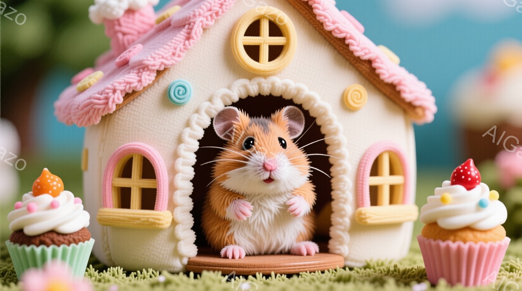 小さなハムスターが、ピンク色で装飾された可愛らしい家の入り口から顔を出しています。ハムスターは明るい表情で、前足を組み、見ている人に微笑みかけているようです。背景には緑の芝生と、クリームとイチゴをトッ - AI生成フリー素材
