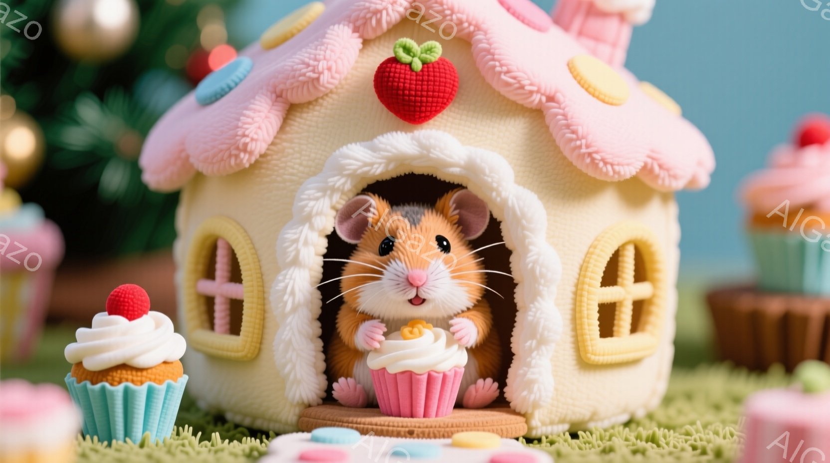 ふわふわの毛並みを持つハムスターが、お菓子のような可愛らしい家に座っています。ハムスターは小さなカップケーキを両手で持ち、嬉しそうな表情を浮かべています。背景には、同じように可愛らしいカップケーキや緑 - AI生成フリー素材