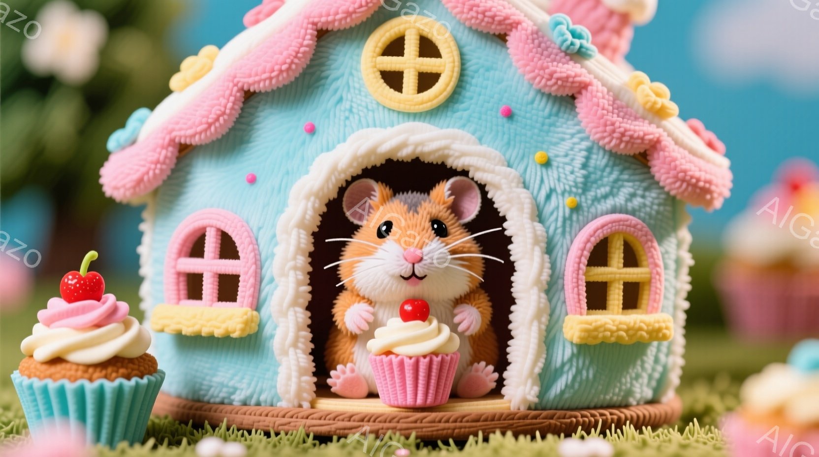 青い家型の背景に、かわいらしいハムスターがカップケーキを抱えています。ハムスターはピンク色の小さな靴を履いており、嬉しそうな表情をしています。背景には緑の芝生と、他のカップケーキが見え、全体的に甘くて夢のような雰囲気が漂っています。