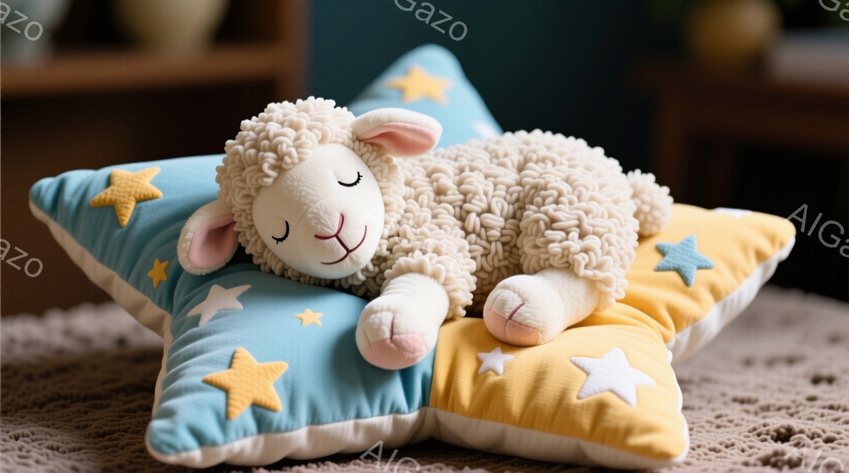 白いふわふわの羊のぬいぐるみは、青と黄色の星形のクッションの上に横たわっています。 羊は目を閉じており、リラックスした表情で、まるで眠っているかのようです。 背景はぼかされており、穏やかで夢のような雰 - AI生成フリー素材