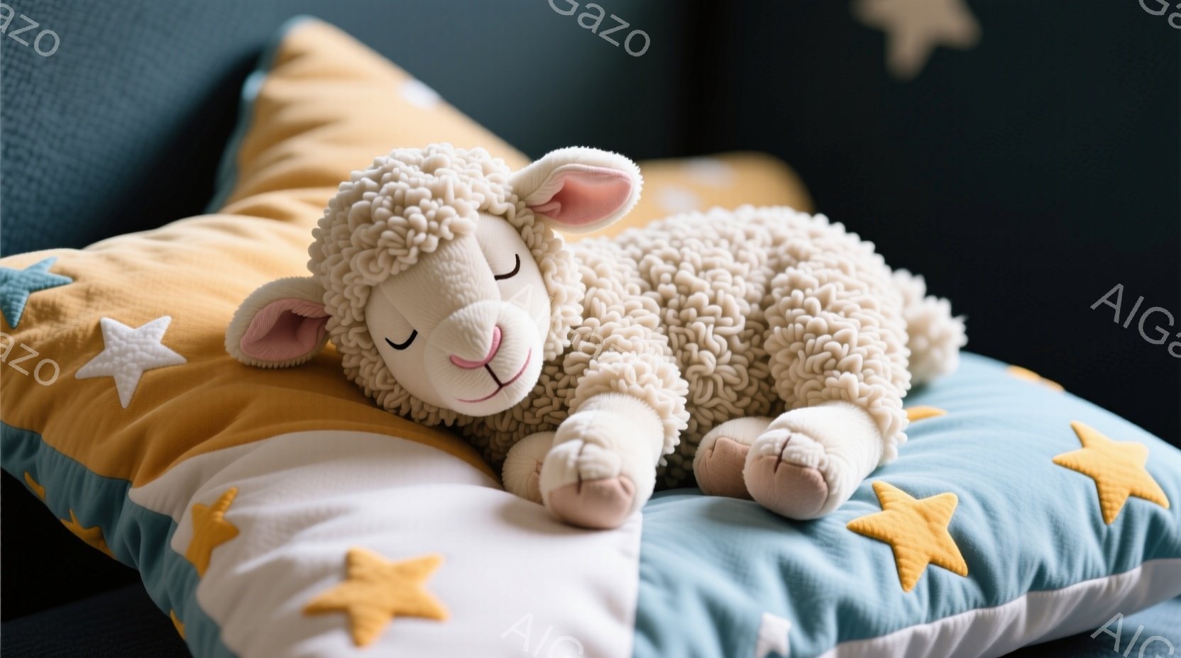 白くてふわふわした羊のおもちゃが、水色と黄色の星柄の枕の上に横たわっています。羊は目を閉じてリラックスした表情で、まるで眠っているかのようです。背景はぼかされており、柔らかく穏やかな雰囲気を醸し出して - AI生成フリー素材