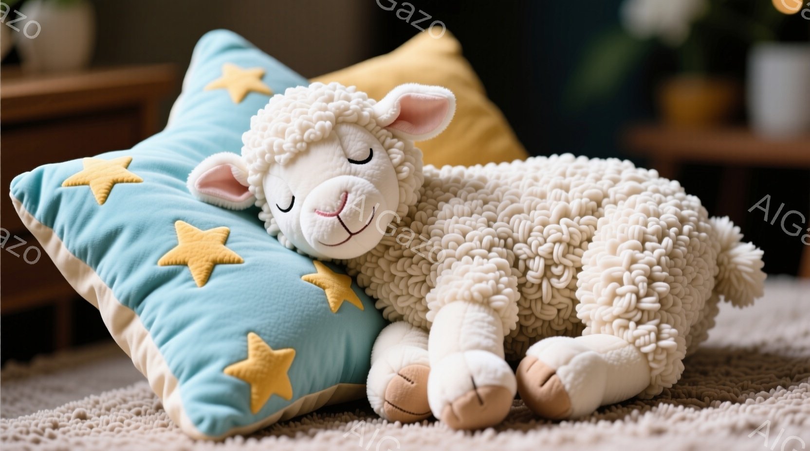 ふわふわの白い羊のぬいぐるみは、ターコイズブルーの星柄の枕に寄りかかって眠っています。羊は目を閉じ、穏やかな表情を浮かべており、足元には小さな茶色の蹄が見えます。背景にはぼやけた家具が見え、全体的に暖かく、リラックスした雰囲気が漂っています。