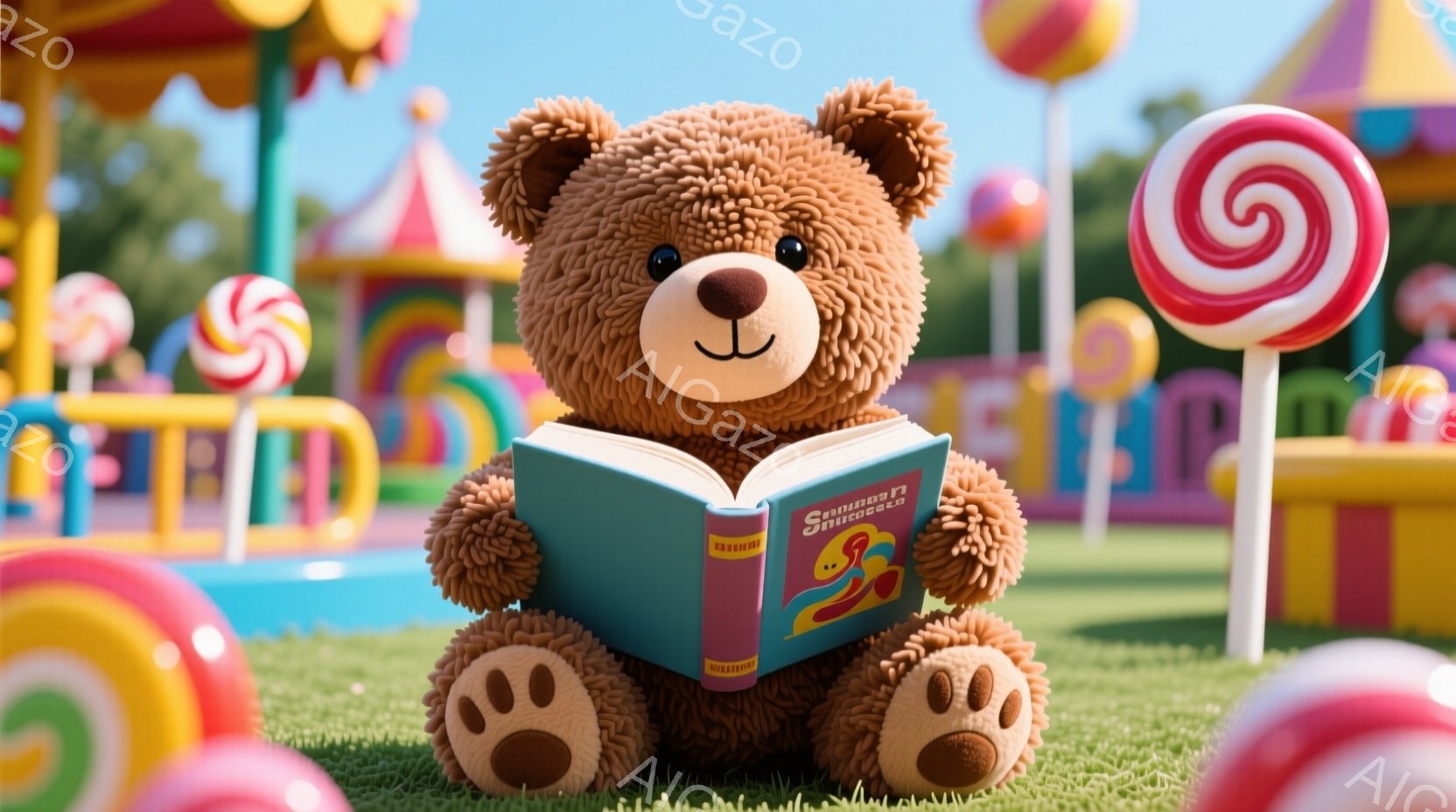巨大なキャンディとカラフルな遊園地の背景に、茶色のテディベアが本を読んでいます。ベアは緑色の芝生の上に座り、リラックスした表情で前を見つめており、本の表紙には文字とイラストが描かれています。全体的に、 - AI生成フリー素材