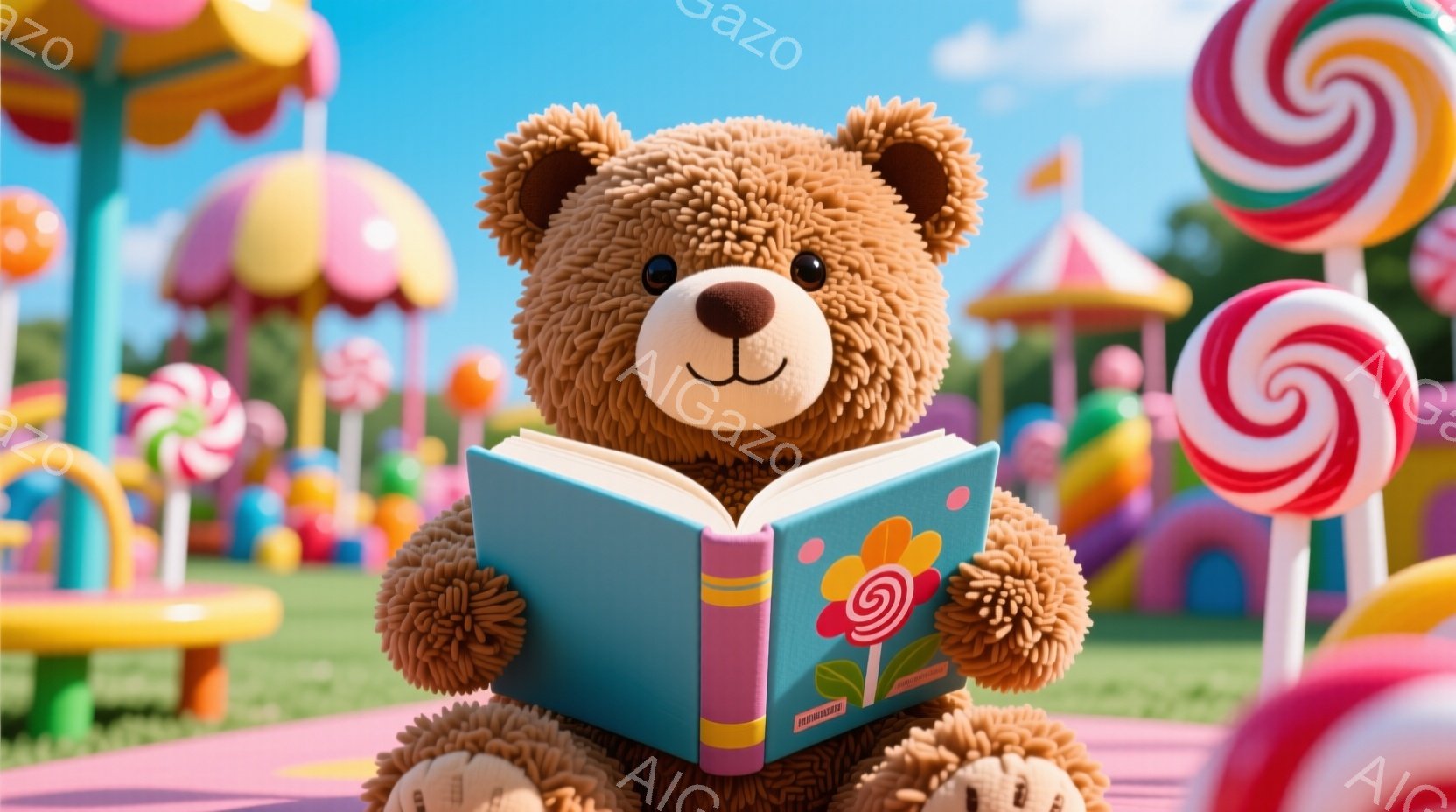 ふわふわの茶色のテディベアが、カラフルな花の絵が描かれた本を読んでいます。背景には、キャンディやアイスクリームを模したカラフルな建物が立ち並び、遊園地のような楽しげな雰囲気です。鮮やかな色彩と、テディ - AI生成フリー素材