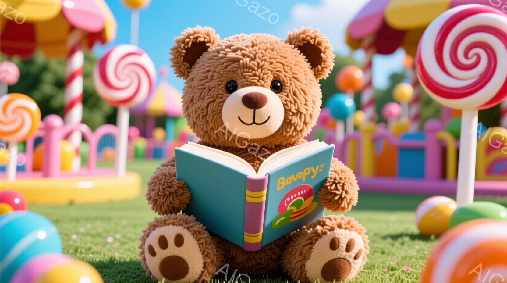 ふわふわの茶色のクマが、緑の芝生の上に座って本を読んでいます。カラフルなキャンディや、様々な色のボールが背景にあり、遊園地のような楽しい雰囲気です。明るい日差しが差し込み、全体的に夢のような、可愛らし - AI生成フリー素材