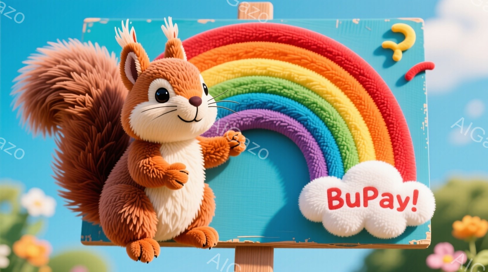 「バプー！」と書かれた手書き風の看板を持つキツネコが中心です。彼はポップな紫色の髪と軟らかい表情をしています。彼の体のポジションや手の位置により、見知らぬ種の動物であることが示されています。背景は平和で明るく、空に豊富な雲が描かれており、彼がその中に存在するように構成されています。全体として、ユニークで楽しい雰囲気を持っています。