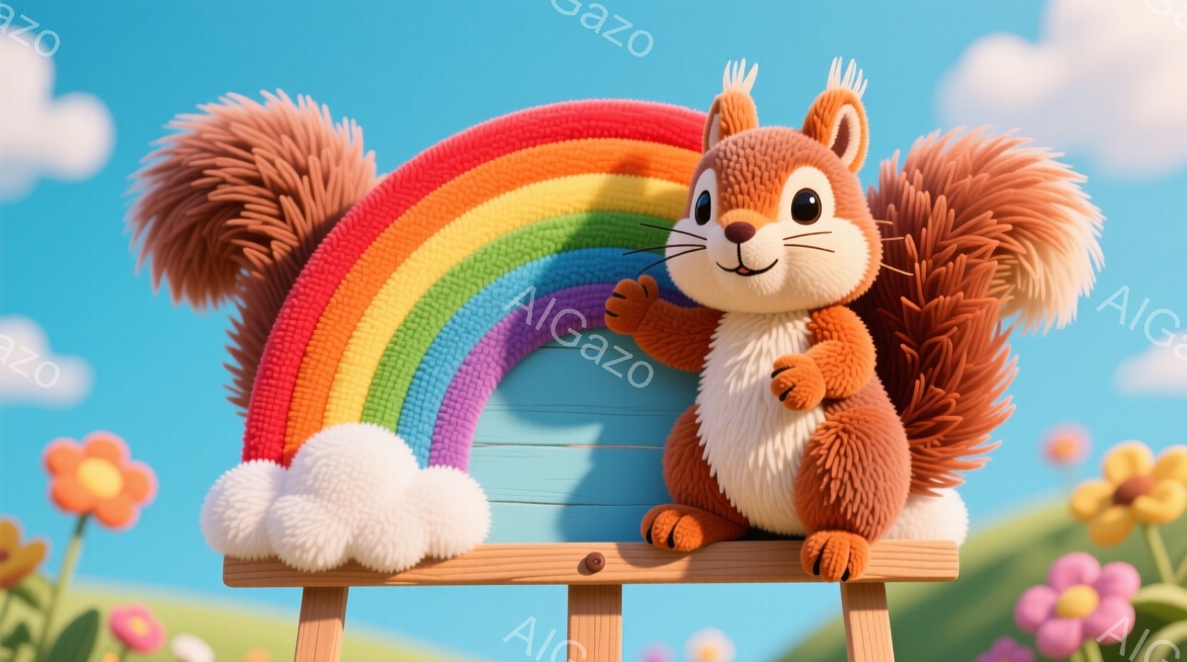 ふわふわの茶色のリスが虹色の背景の木製の看板に座っています。リスは片手を上げており、可愛らしい笑顔を浮かべています。背景には緑の丘、花、そして青空に浮かぶ白い雲が見られ、全体的に明るく、暖かく、楽しい - AI生成フリー素材