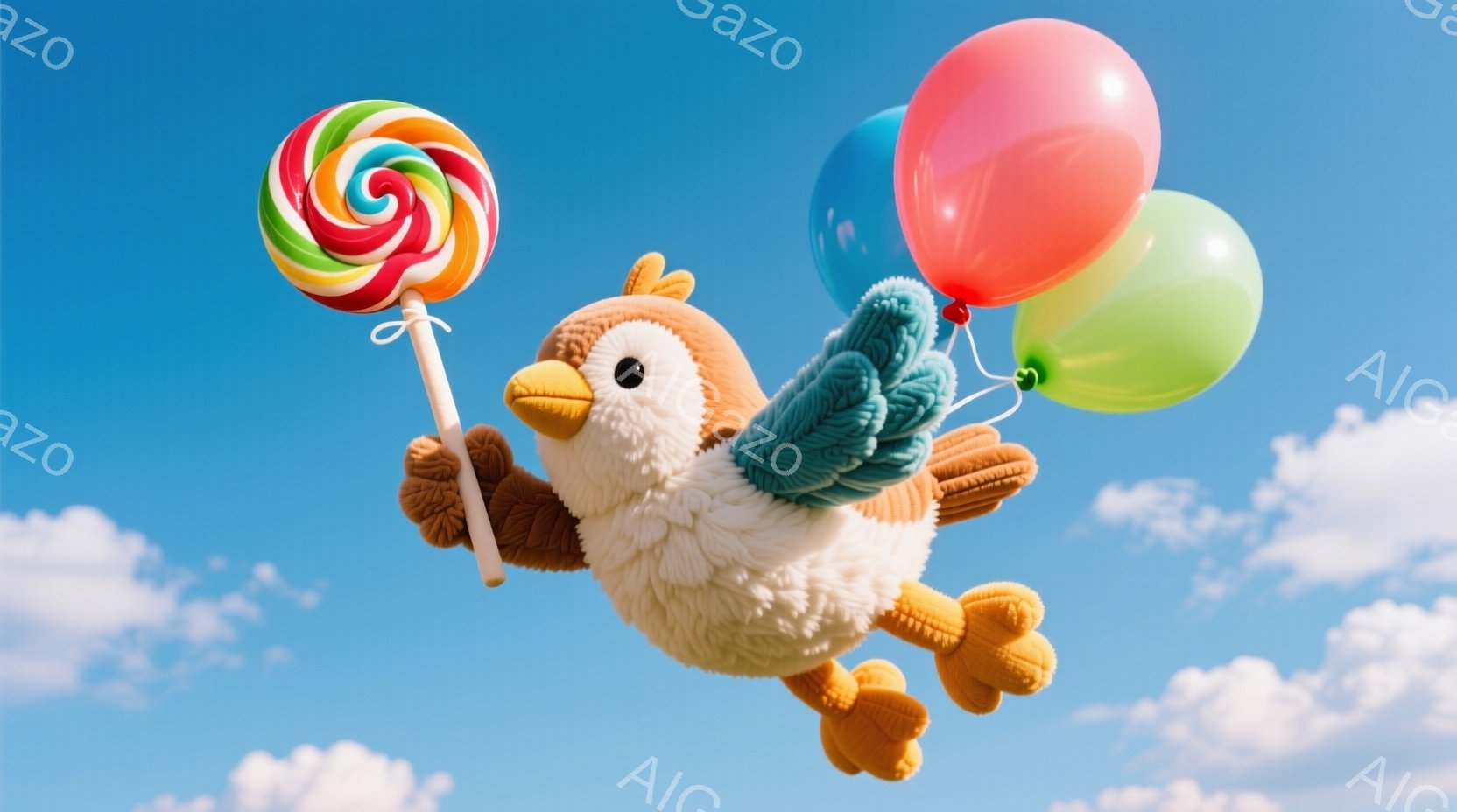 ふわふわの白い鳥のぬいぐるみは、キャンディといくつかの風船を持って空を飛んでいます。背景は晴れた青空で、白い雲が浮かび、全体的に軽やかで幸せな雰囲気を醸し出しています。鳥の表情は穏やかで、夢のような世界を表現しているようです。