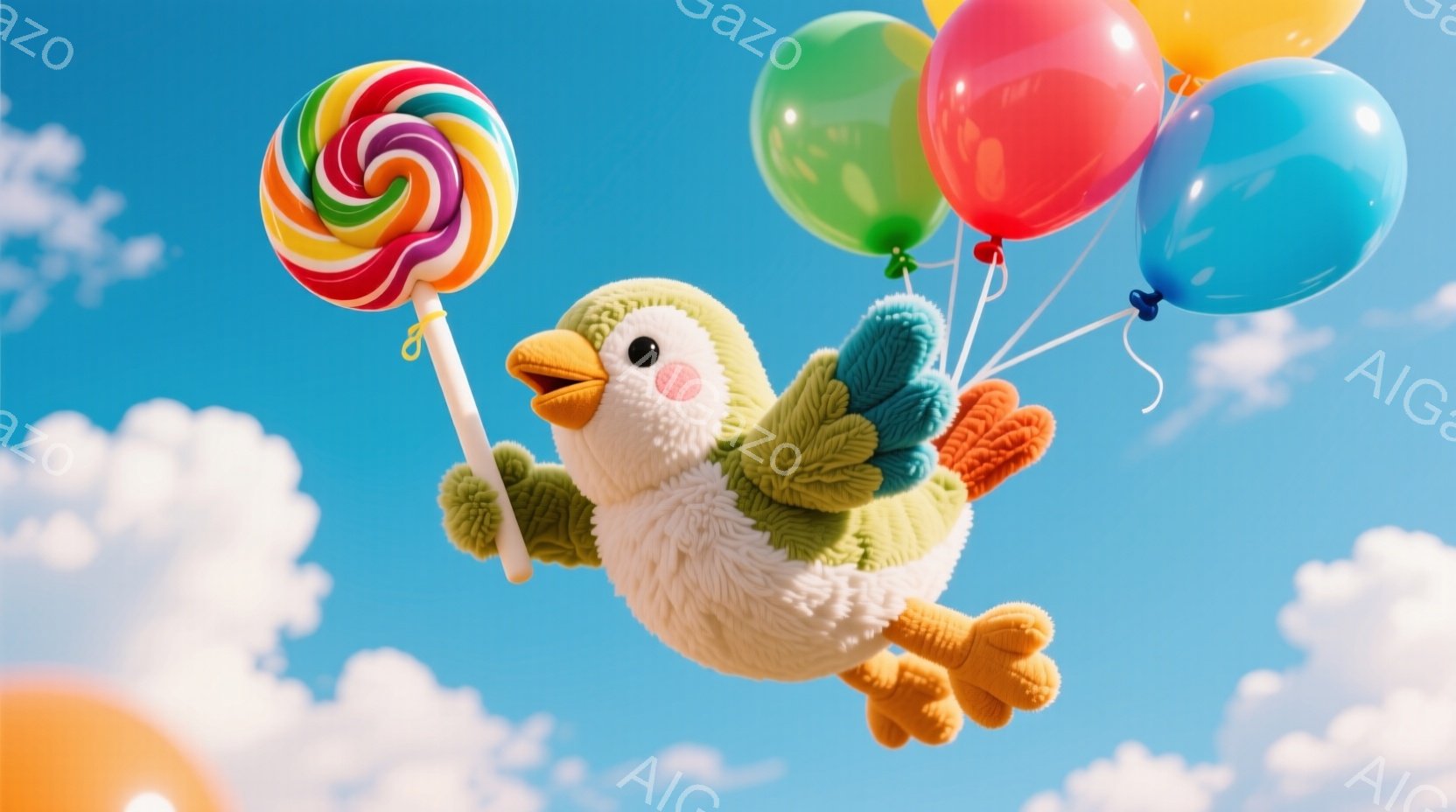 ふわふわの白い鳥が、緑色のベストを着て、大きなキャンディーを片手に持っています。鳥は複数の色とりどりの風船に吊り下げられ、空を飛んでいるように見え、表情は明るく、楽しそうに見えます。背景は青空と白くふわふわした雲で、全体的に明るく、陽気で、夢のような雰囲気です。