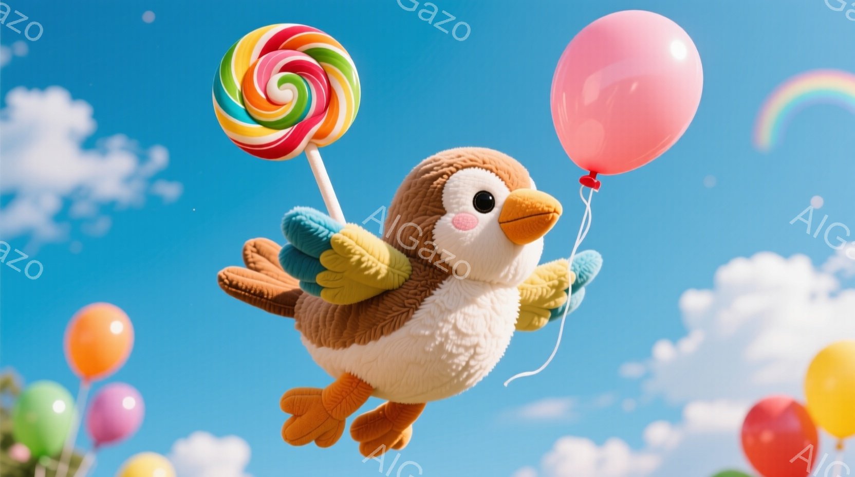 ふわふわの茶色い鳥が、虹色のキャンディをくわえ、ピンクの風船につるされています。背景は青空と白い雲が広がり、遠くには虹が見えます。全体的に明るく、楽しい雰囲気が漂っています。 - AI生成フリー素材