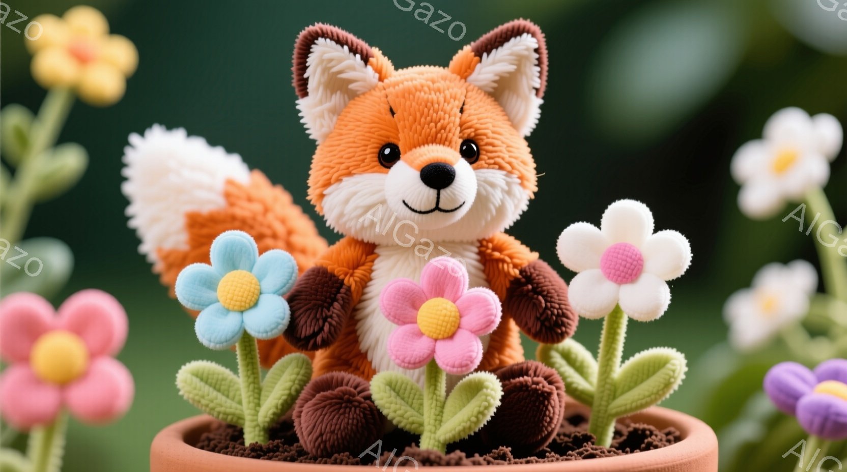 ふわふわのオレンジ色のキツネが、土でいっぱいの鉢の中に座っています。キツネはピンクと水色の花を抱えており、可愛らしい表情をしています。背景には、さまざまな色の花がぼんやりと咲き乱れ、暖かく優しい雰囲気 - AI生成フリー素材