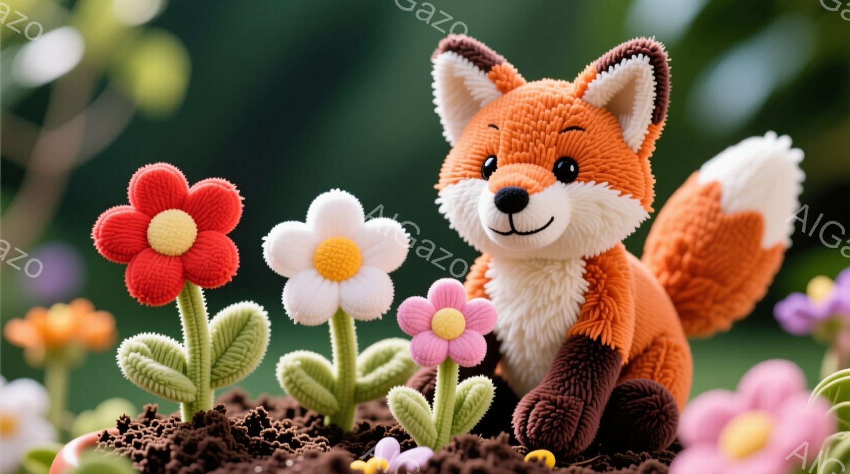 鮮やかなオレンジ色の毛並みを持つ、可愛らしいキツネが、土の上に咲く色とりどりの花々の間に座っています。キツネは穏やかな表情で、まるで花々を楽しんでいるようです。背景は緑色でぼやけており、花壇の中にいる - AI生成フリー素材