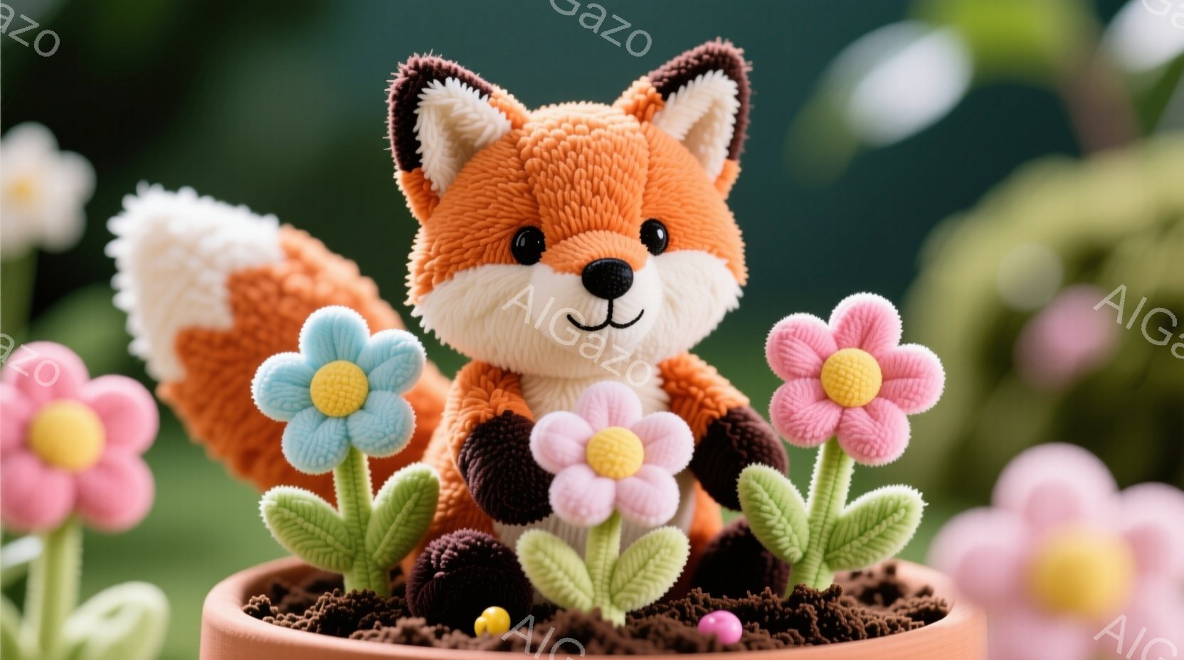 鮮やかなオレンジ色の毛並みを持つキツネが、土の中に植えられた花々に囲まれて座っています。キツネは可愛らしい笑顔で、丸い黒い目が特徴的です。背景にはぼやけた花々と緑が広がり、春らしい暖かく優しい雰囲気が - AI生成フリー素材