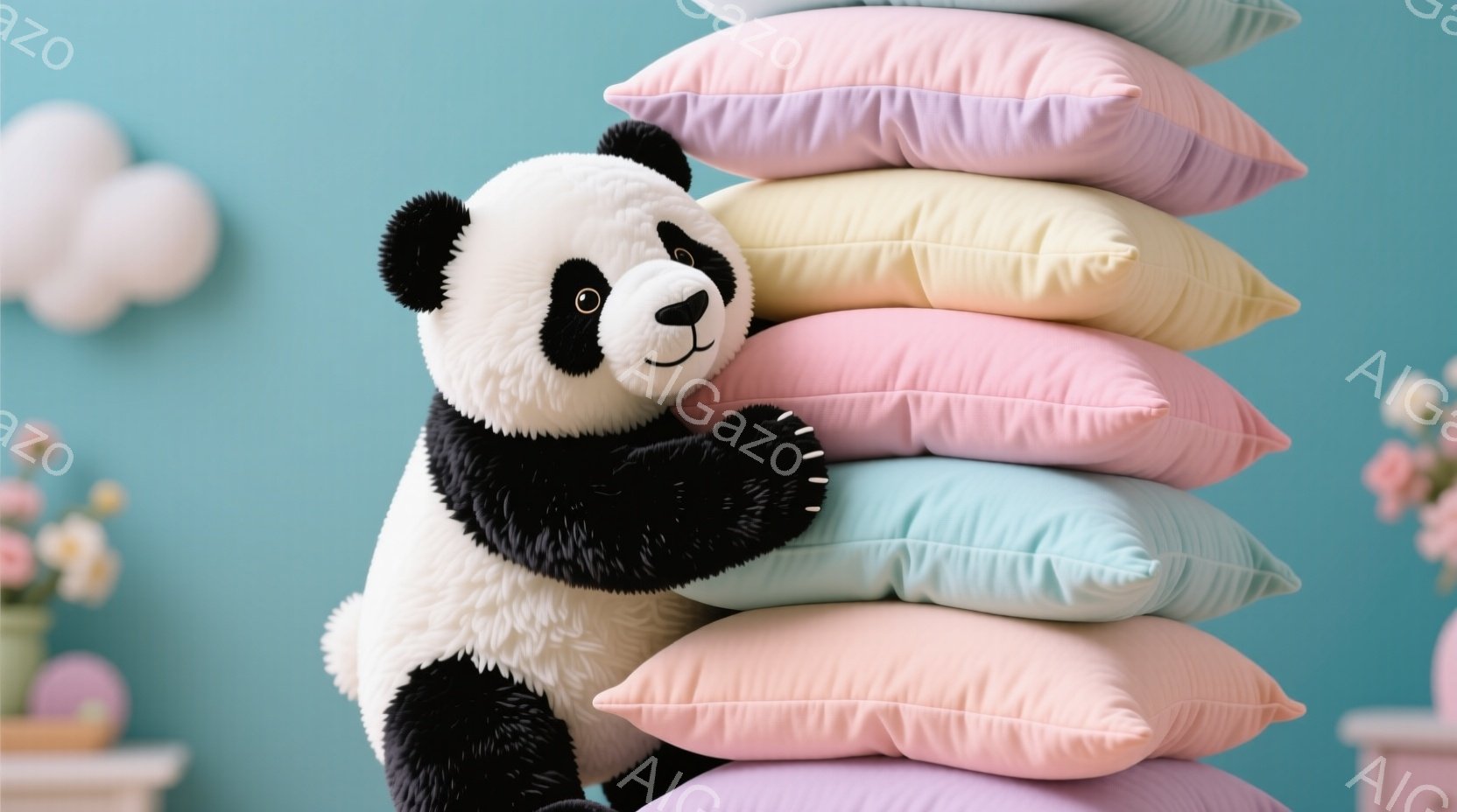 大きなパンダのぬいぐるみは、ピンク、水色、黄色、薄紫色の枕の山にもたれかかっており、可愛らしい表情をしています。背景は薄い水色の壁で、右側にはピンクの花が咲いた花瓶、左側には白い雲のような模様がありま - AI生成フリー素材