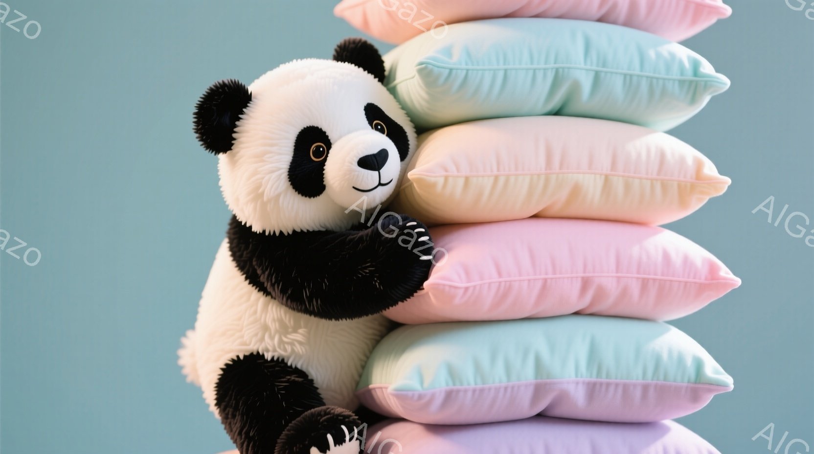 大きなパンダのぬいぐるみは、パステルカラーのクッションの山にもたれかかっており、片手を上げて楽しそうにポーズをとっています。クッションは水色、ピンク、薄紫など、柔らかい色合いで積み重ねられ、背景は淡い水色で統一感があります。全体的に穏やかで、リラックスした雰囲気が漂っています。