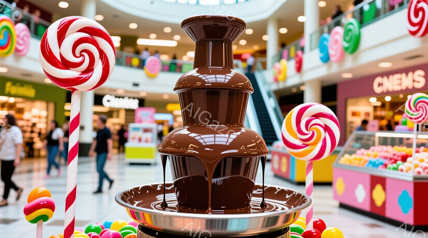 カラフルなキャンディが飾られた、チョコレートファウンテンが中央に配置されている画像です。背景には、人々が歩き回るショッピングモールの一部が見え、キャンディや甘いお菓子のディスプレイが並んでいます。全体 - AI生成フリー素材