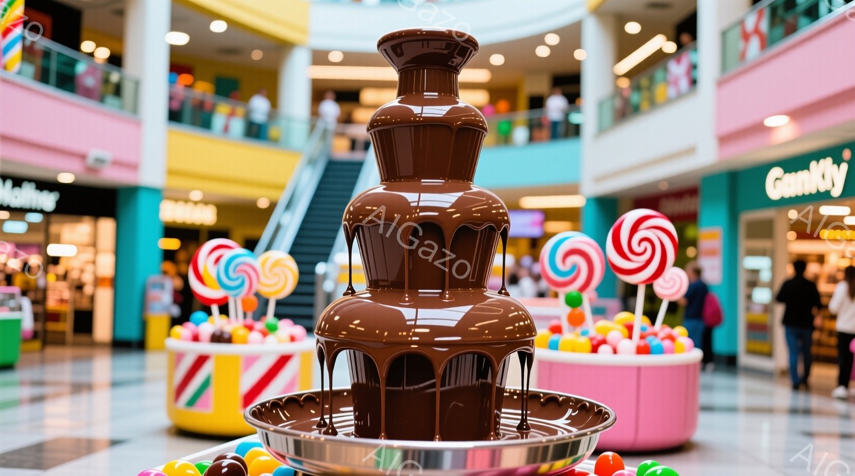 ショッピングモールの明るい空間に、チョコレートファウンテンが設置されています。ファウンテンの周りにはカラフルなキャンディーやチョコレートが散りばめられ、楽しげな雰囲気を醸し出しています。背景にはエスカレーターや店舗が見え、活気のあるショッピングモールの一角であることがわかります。