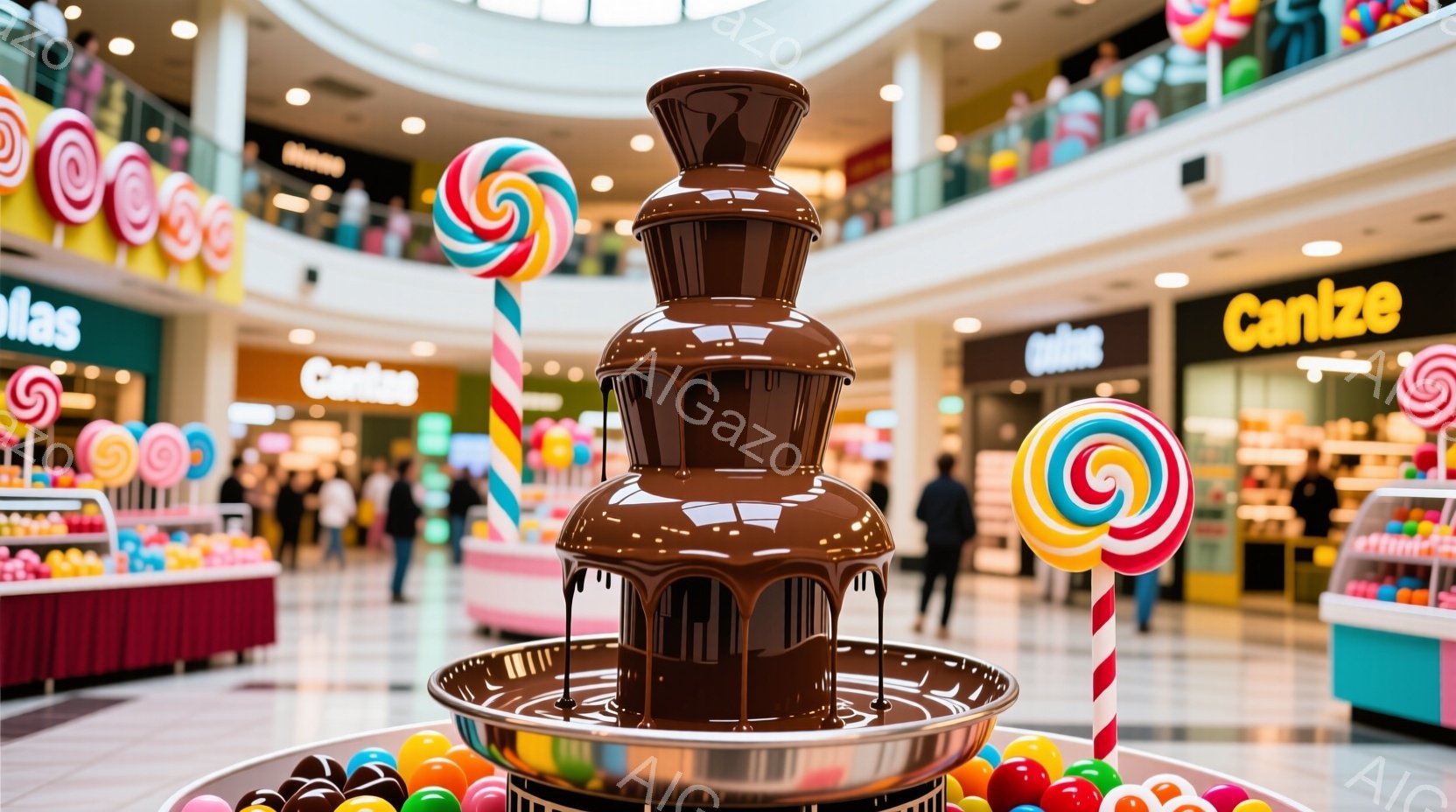 ショッピングモールの中心には、チョコレートが流れる大きな噴水があり、カラフルなキャンディーやチョコレートボールで飾られています。背景には、キャンディーの装飾が施された店が並び、人々が歩き回っています。全体的に明るく、楽しいお菓子の世界を表現した雰囲気です。