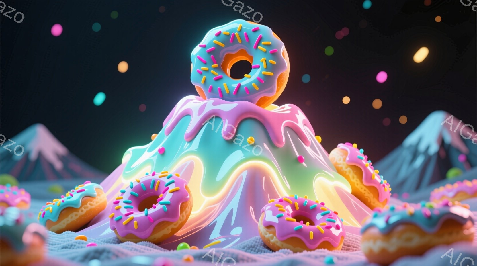 鮮やかなピンクと水色のドーナツの液体が、雪のような白いテクスチャの上に溶け出したような、幻想的な風景が広がっています。ドーナツはカラフルなトッピングで飾られ、背景には三角形の山々がシルエットで浮かび上 - AI生成フリー素材
