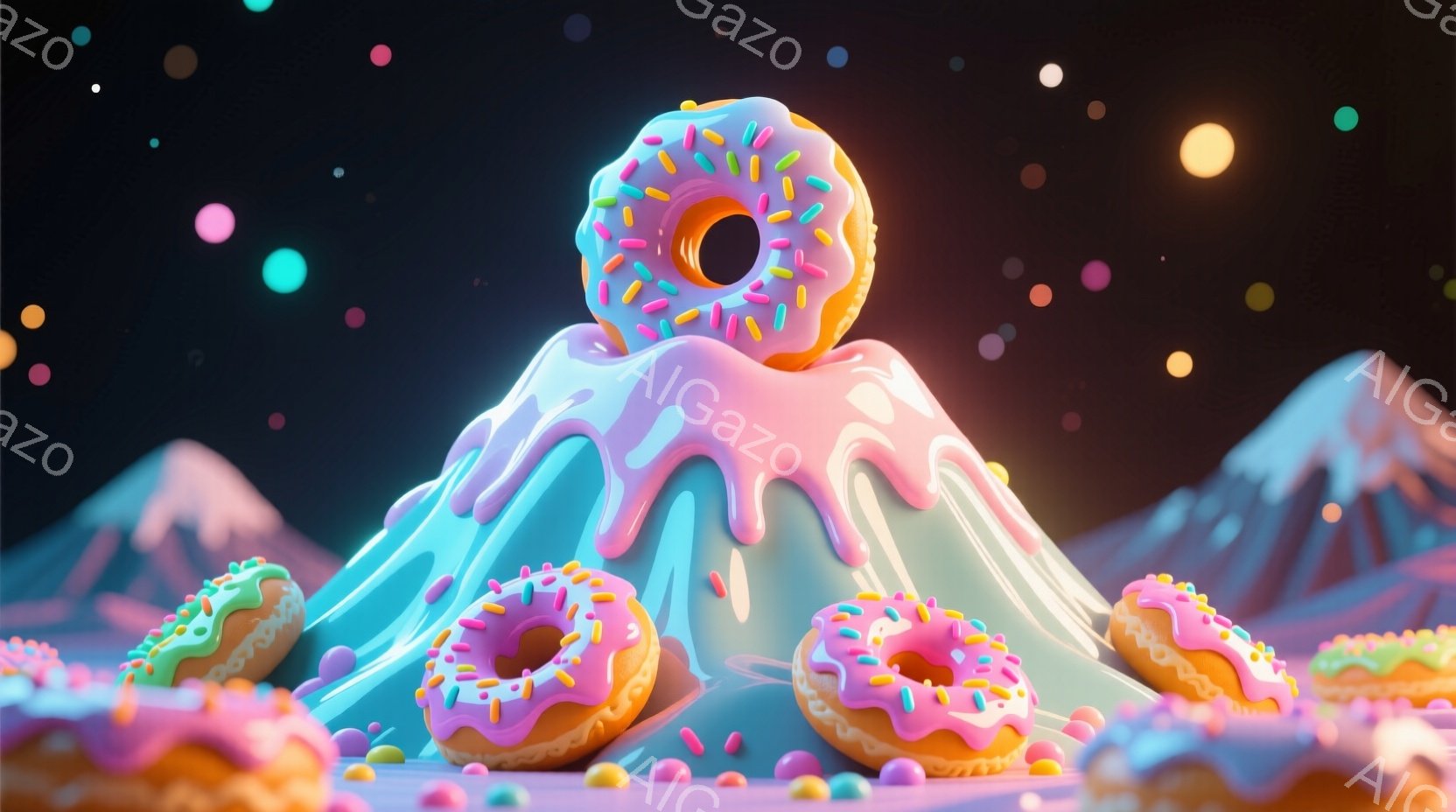 明るいパステルカラーのドーナツと、溶け出したアイスクリームのような形をした丘の３Dレンダリングです。背景には、同じパステルカラーの山々がぼんやりと見え、カラフルな水玉模様が空に散りばめられています。全 - AI生成フリー素材