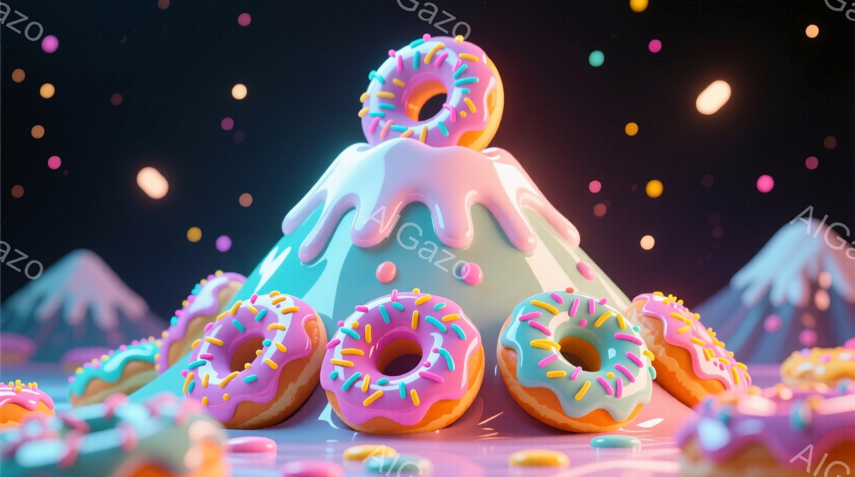 鮮やかなピンクと水色の山が、まるで溶けたアイスクリームのように表現されています。周りには、カラフルなアイシングとスプリンクルが施されたドーナツが散りばめられ、遊び心あふれる世界観を作り出しています。背 - AI生成フリー素材