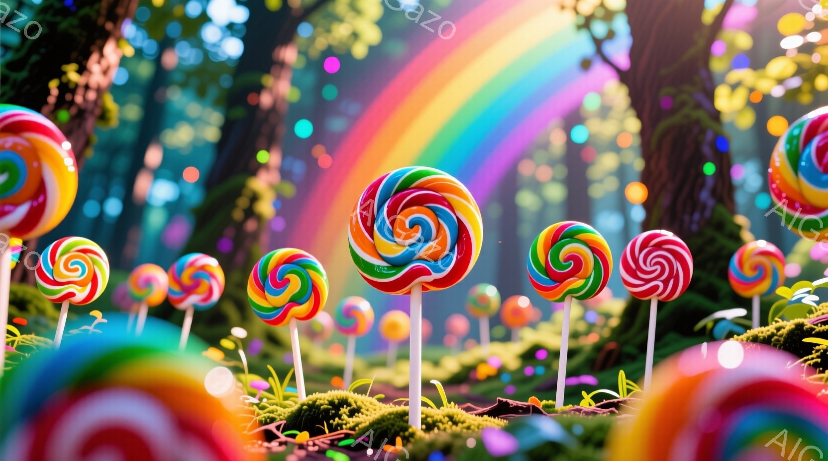 カラフルな棒付きキャンディーが緑豊かな苔むした地面に並んで立っており、背景にはぼやけた森と虹が見えます。キャンディーは渦巻状で、赤、オレンジ、黄色、緑、青など様々な色合いが混ざり合っており、夢のような、遊び心のある雰囲気を醸し出しています。光の粒子が舞い、さらに幻想的な雰囲気を強調しています。