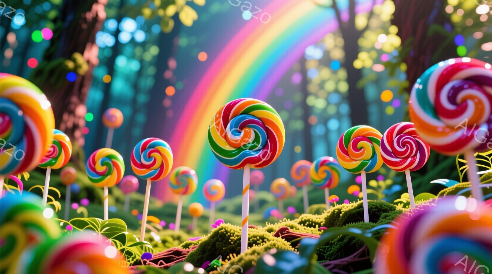 カラフルな棒付きキャンディが緑豊かな苔の上に並び、まるでファンタジーの世界の庭園のようです。背景には虹が架かり、葉っぱの間から差し込む光が幻想的な雰囲気を醸し出しています。全体的に明るく、お菓子の国の - AI生成フリー素材