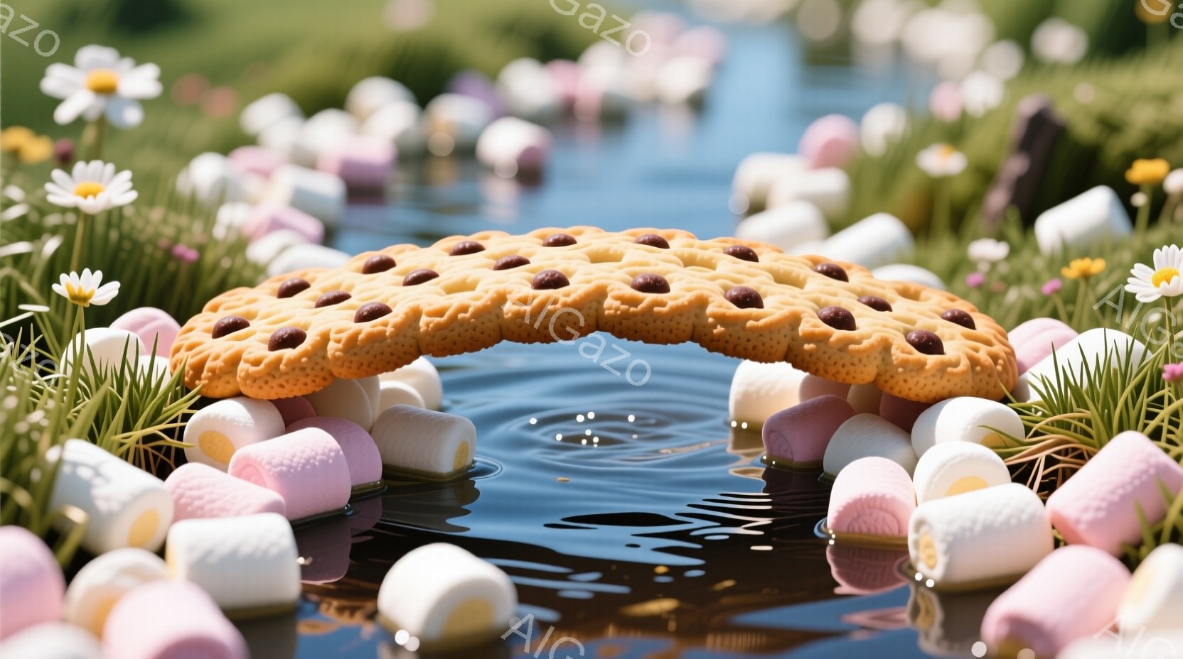 緑豊かな草地と花々の中に、巨大なチョコレートチップクッキーがアーチ状に架かっている幻想的な風景が広がっている。クッキーの下には水面が広がり、その周りにはマシュマロが浮かんでおり、まるで夢のような世界を表現している。全体的に柔らかい光が差し込み、暖かく甘い雰囲気が漂っている。