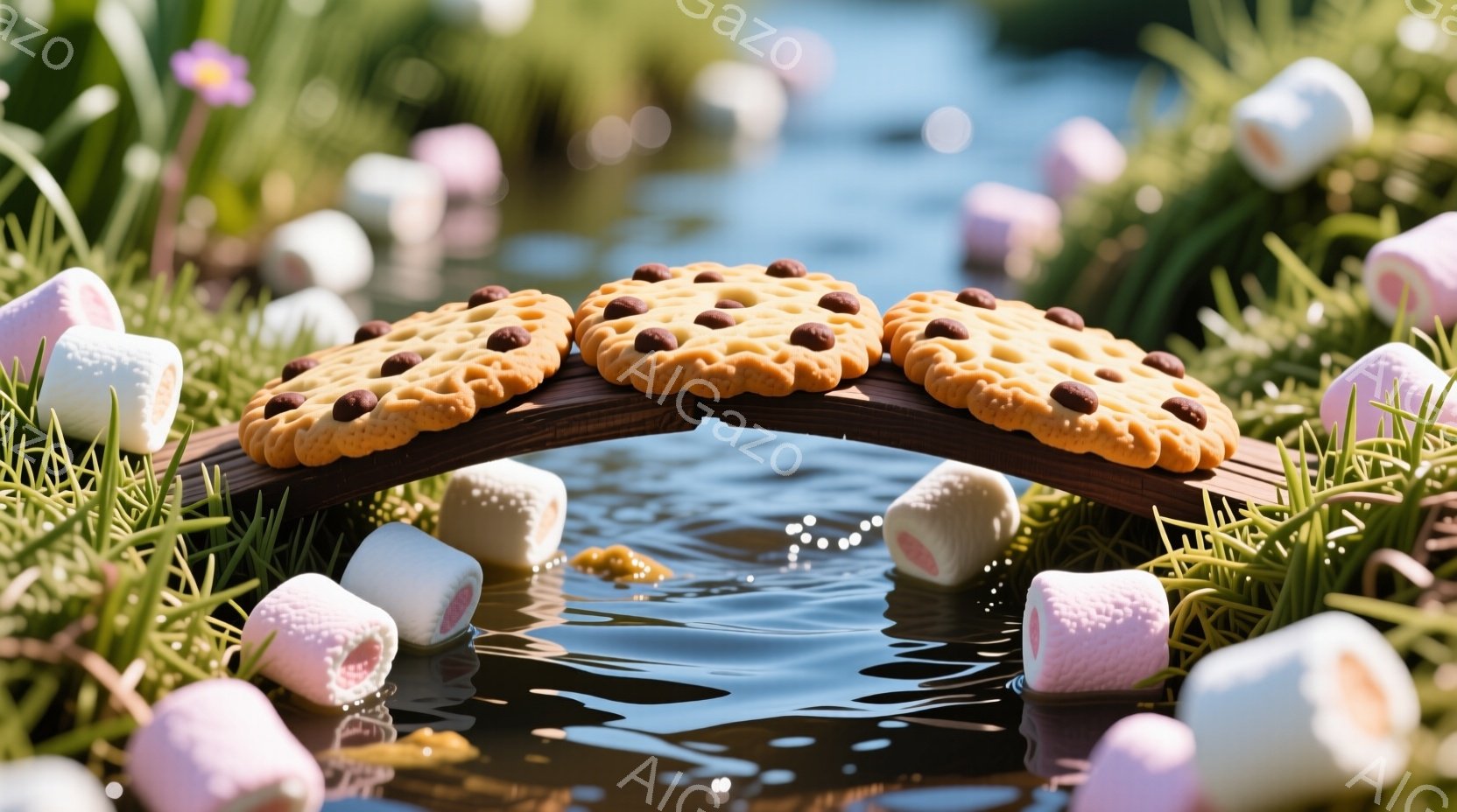 浅い水路の上に、チョコレートチップクッキーが並んだ丸太の橋が架かっている。水面にはクッキーのかけらが浮き、水路の縁にはふわふわとしたマシュマロが散りばめられ、緑豊かな草が生えている。全体的に、夢のよう - AI生成フリー素材