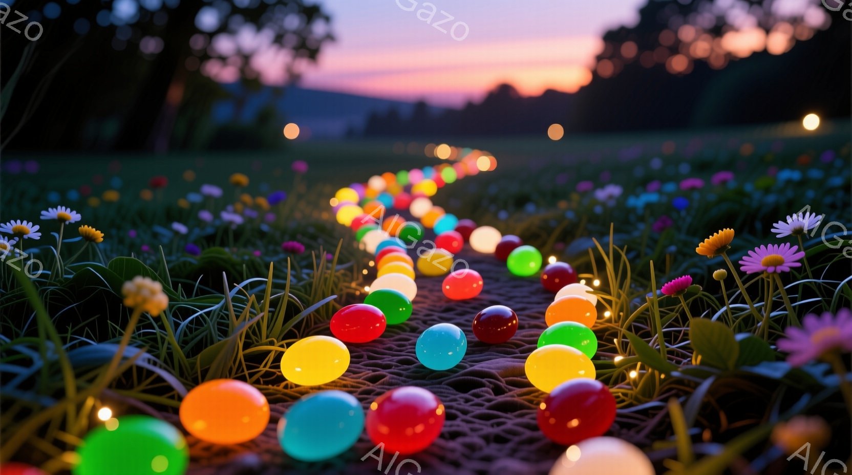 草原の小道に、色とりどりの光る球体が並べられた幻想的な光景が広がっています。道に沿って小さな花々が咲き乱れ、背景には夕焼け空が広がっています。球体の光と花々の色彩が、温かく穏やかな雰囲気を醸し出してい - AI生成フリー素材
