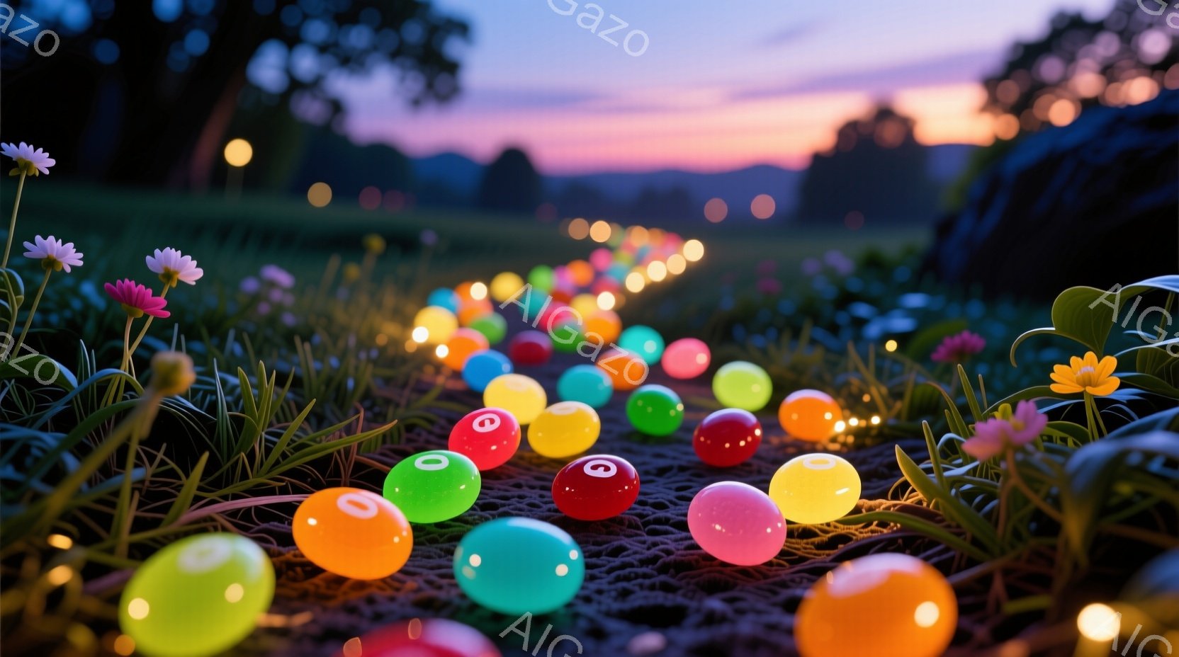 鮮やかな色とりどりの球体が、緑豊かな草地の中を縫うように敷かれた道の上を転がっているように見える光景です。背景には、薄紫とオレンジ色に染まった夕焼け空と、ぼんやりとした緑の丘陵が広がっており、道に沿っ - AI生成フリー素材