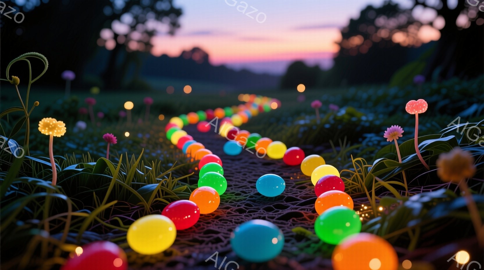 緑豊かな草原に、色とりどりの光る球体が並ぶ道が描かれている。周囲には、独特な形の植物が咲き、夕焼け空の下、幻想的な雰囲気を醸し出している。明るい色彩と柔らかい光が、平和で夢のような世界観を演出している - AI生成フリー素材