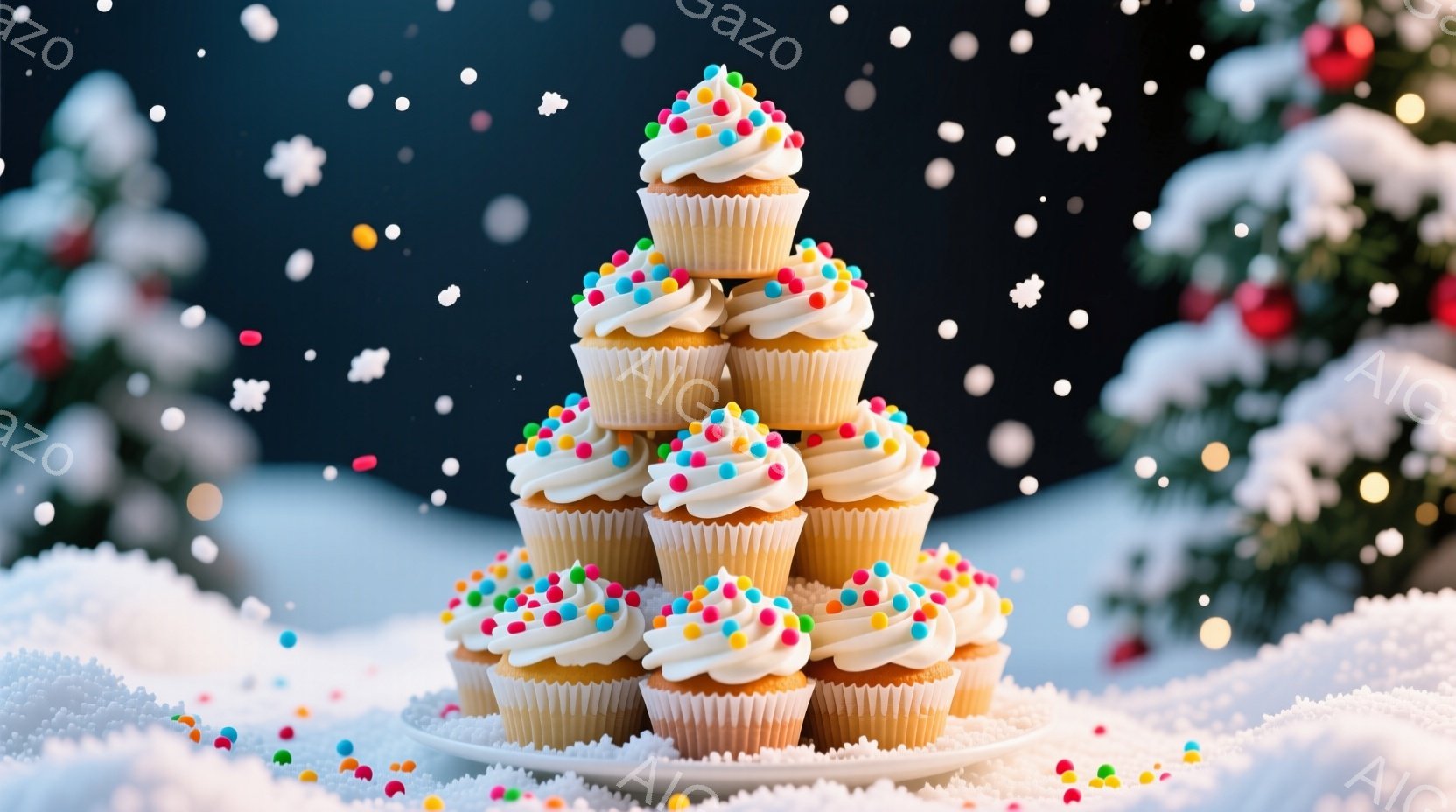 白い背景に、カラフルなスプリンクルを散りばめたクリームを乗せたカップケーキがピラミッド状に積み上げられています。背景にはぼやけたクリスマスツリーの緑と、きらめく雪が舞い散る様子が見えます。全体的に、暖 - AI生成フリー素材
