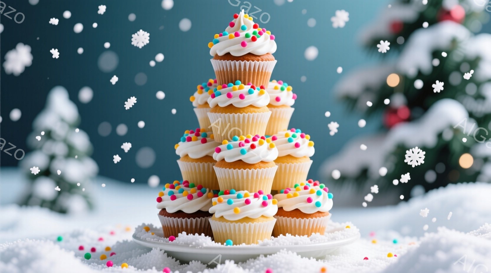 白い背景に、カラフルなスプリンクルが飾られたカップケーキがピラミッド型に積み重ねられています。背景にはぼんやりとクリスマスツリーが見え、雪が舞っている様子から、冬の季節感とホリデーシーズンを表現してい - AI生成フリー素材