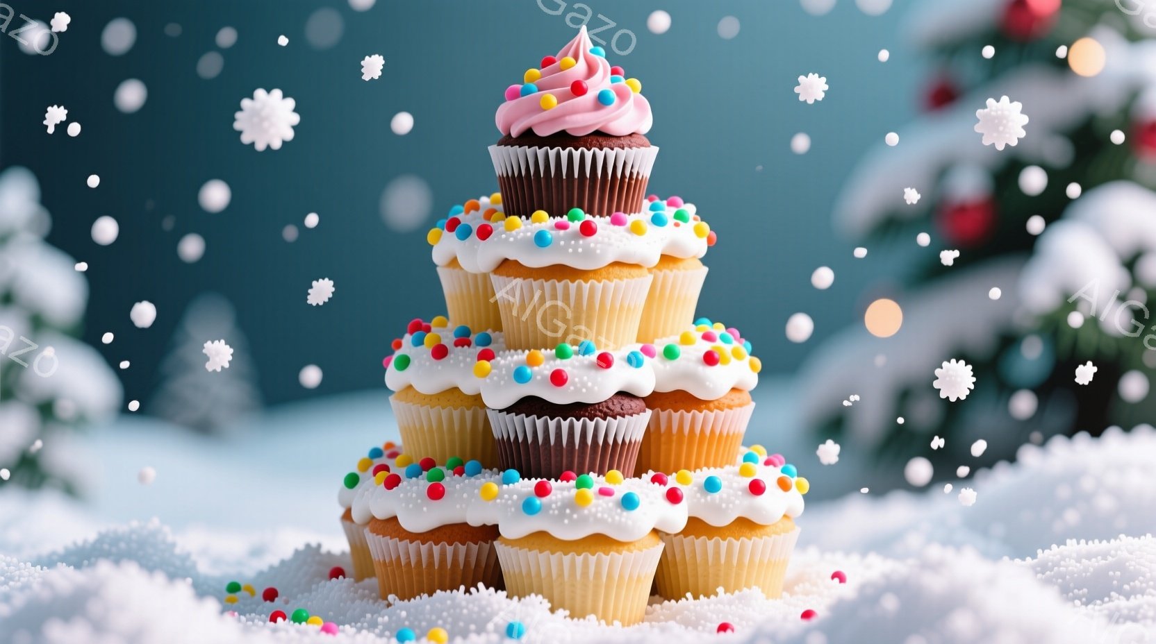 鮮やかなクリームとカラフルなスプリンクルで飾られたカップケーキが積み重ねられ、まるで小さなタワーのようになっています。背景にはぼやけたクリスマスツリーが見え、雪が舞う冬の風景が広がっています。全体的に - AI生成フリー素材