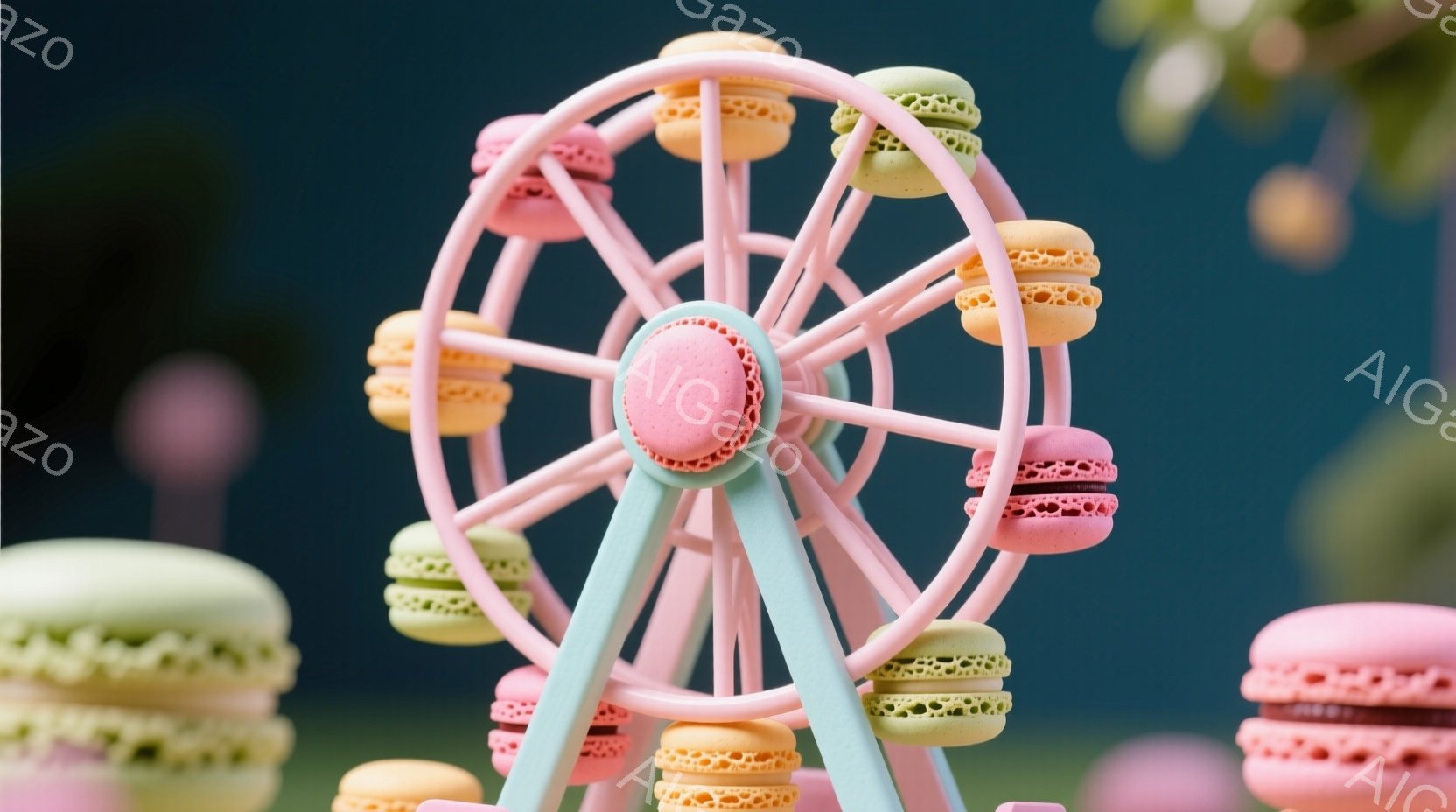 淡いピンク色の観覧車が、マカロンで装飾された、可愛らしい雰囲気の画像です。背景は青みがかった緑色で、他のマカロンがぼやけて配置されており、夢のような、お菓子の国を思わせる光景が広がっています。全体的にパステルカラーで統一され、柔らかく甘い雰囲気が漂います。