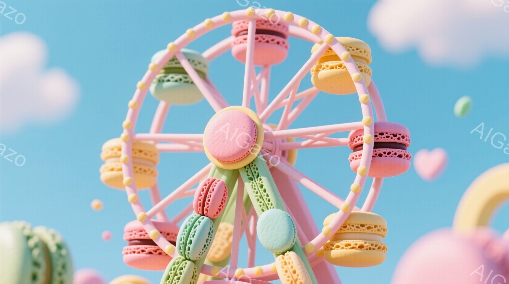 空を背景に、マカロンで作られた観覧車が浮かんでいます。パステルカラーのマカロンが並び、ピンク、水色、緑、黄色などの色が可愛らしい雰囲気を醸し出しています。周りには小さなハートやマカロンが散りばめられ、 - AI生成フリー素材