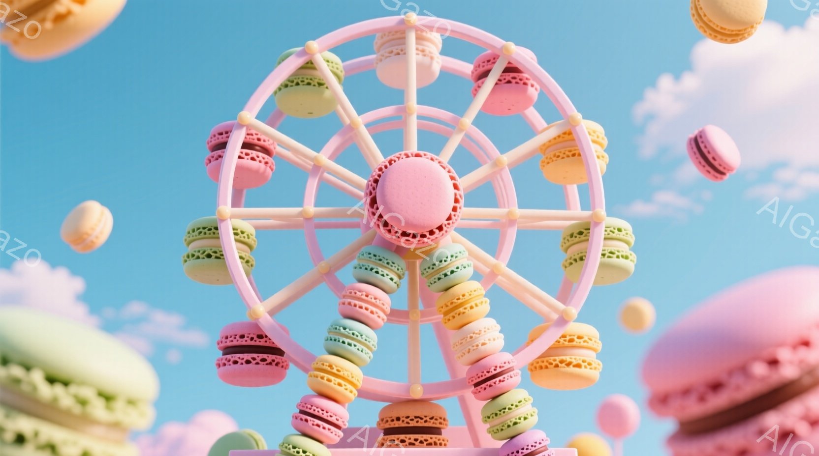 鮮やかなマカロンでできた観覧車が、空に浮かんでいます。背景は淡い水色で、ふわふわとした雲と、さらに浮かぶマカロンが、夢のような雰囲気を醸し出しています。全体的にパステルカラーで統一されており、甘くて可 - AI生成フリー素材