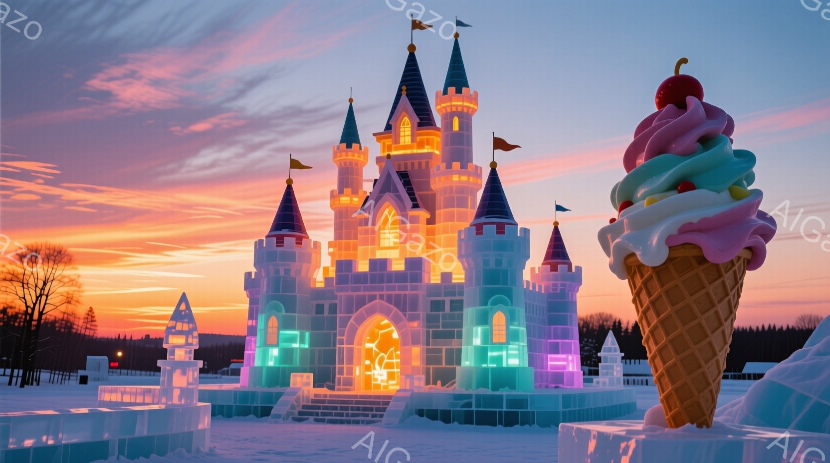 白く輝く氷の城が、夕焼け空の下にそびえ立っています。城の隣には巨大なソフトクリームの彫刻があり、ピンク、紫、緑の色合いが鮮やかです。雪に覆われた地面と遠くに見える木々が、冬の幻想的な雰囲気を醸し出して - AI生成フリー素材