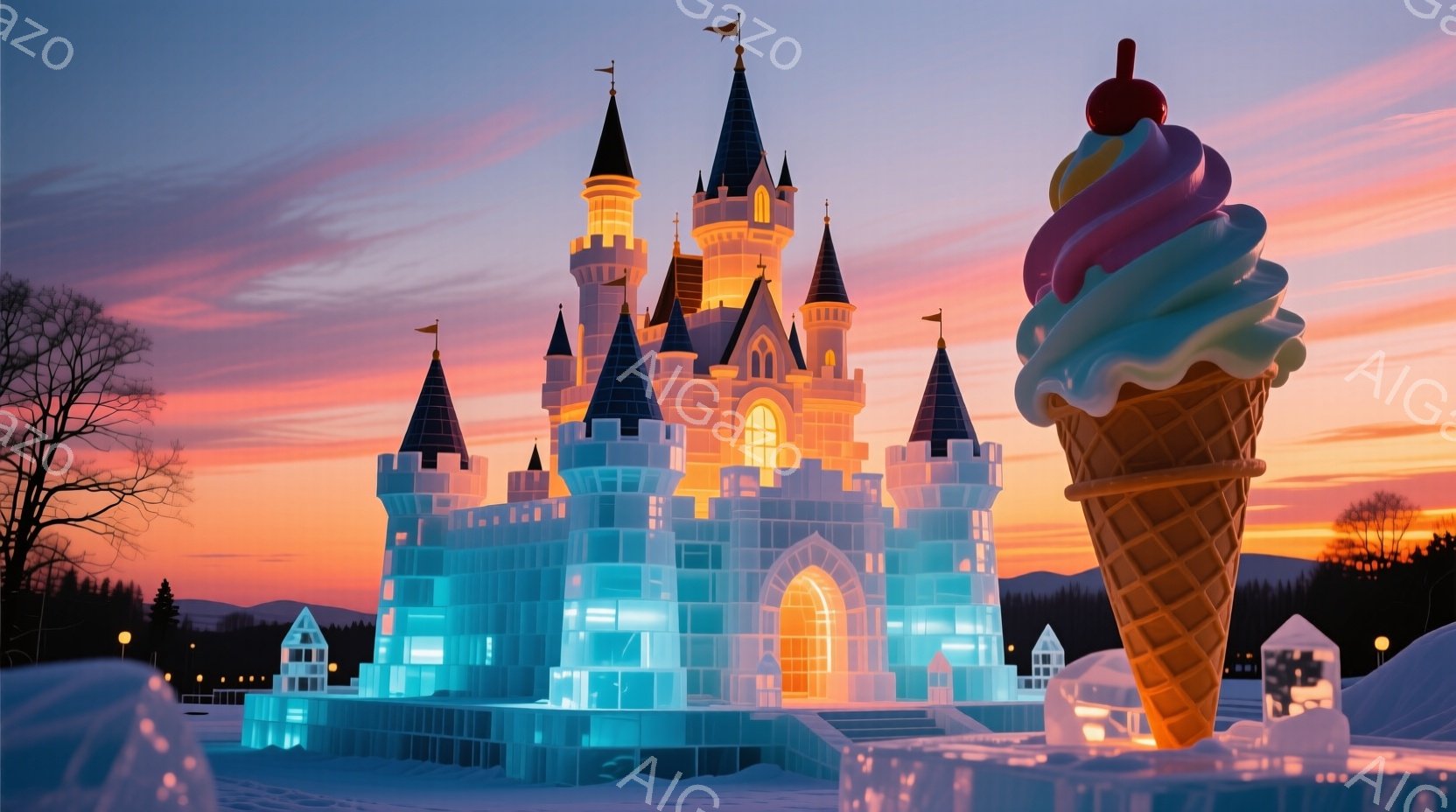 氷の城が雪景色の中にそびえ立ち、鮮やかな色彩の巨大なソフトクリームがその隣に置かれています。背景には雪をまとった森林と、夕焼けのようなオレンジとピンクがかった空が広がっており、幻想的な雰囲気を醸し出しています。氷の城は内部からライトアップされており、冷たい光が雪原に反射し、温かさと冷たさが混ざり合った独特の光景を作り出しています。