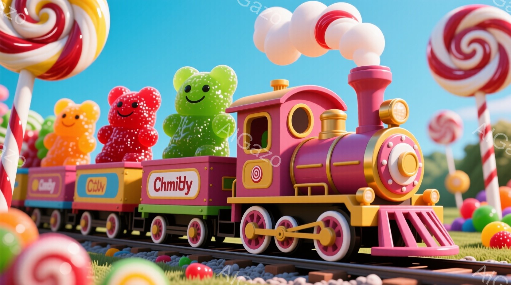 明るいピンク色の蒸気機関車が、緑の芝生の上を走っています。機関車の先頭には大きなキャンディが、各車両にはグミキャンディが乗っており、背景には様々な色のキャンディが点在しています。全体的にカラフルで遊び心のある、お菓子の国のような雰囲気が漂っています。