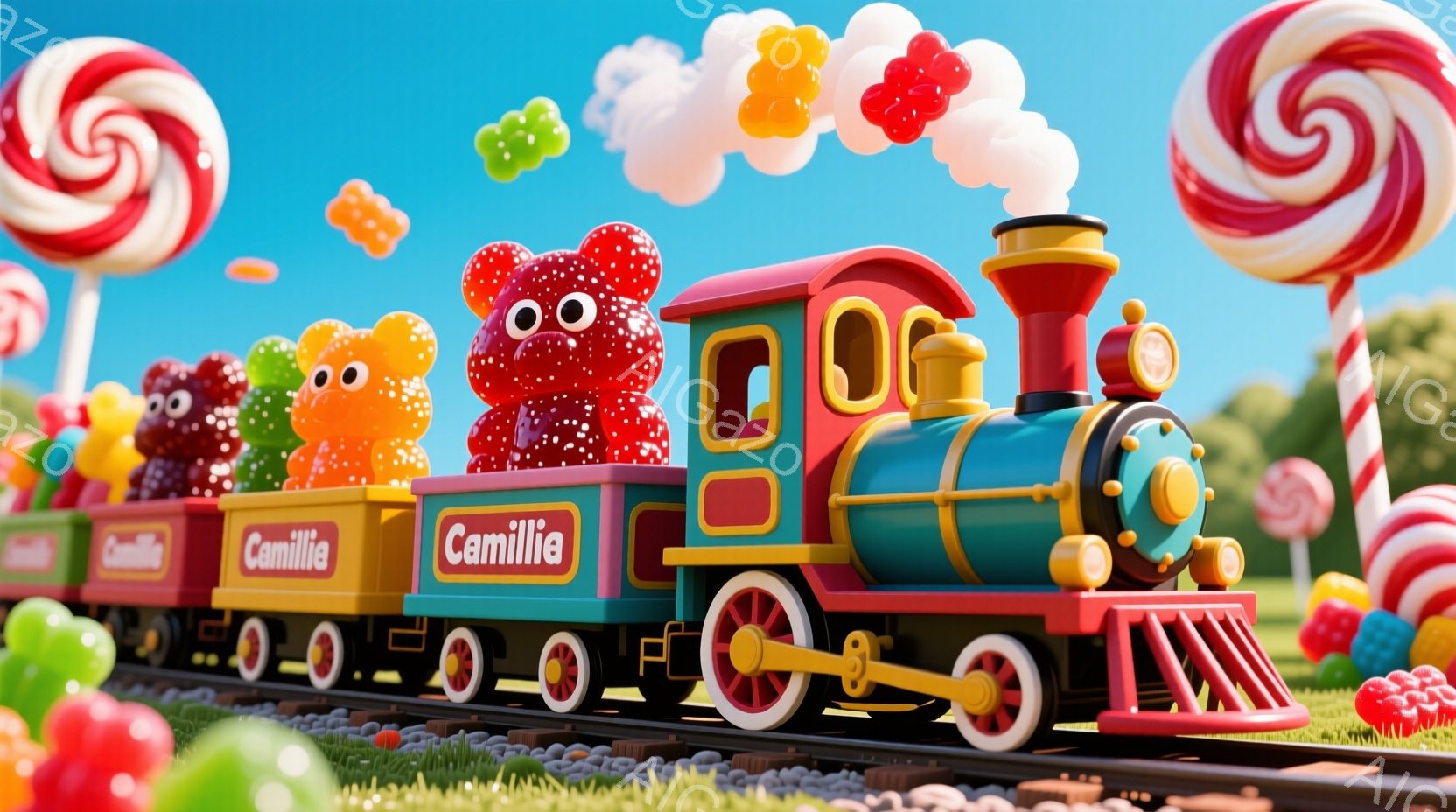 カラフルなキャンディでできた列車が、緑の芝生の上を走っています。列車の先頭車両はピンク色で、キャンディの蒸気機関車を模しており、客車は様々な色のゼリーで満たされています。背景には巨大な棒付きキャンディ - AI生成フリー素材