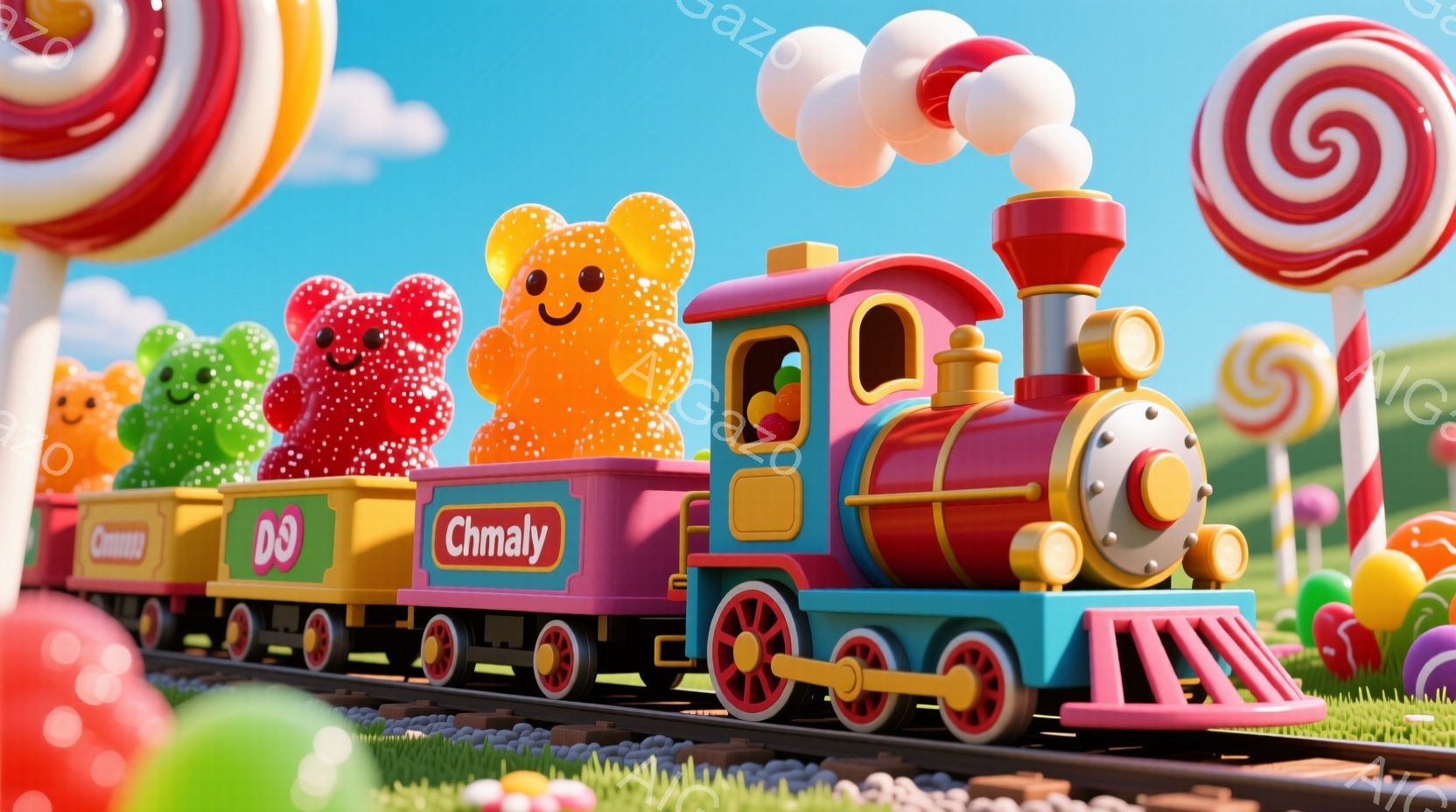 カラフルなキャンディとグミの列車が、緑の草原の線路を走っている。列車の先頭車両はピンク色で、グミの形をしており、他の車両はキャンディやチョコレートで装飾されている。背景には巨大なキャンディが立ち並び、夢のような甘い世界が広がっている。