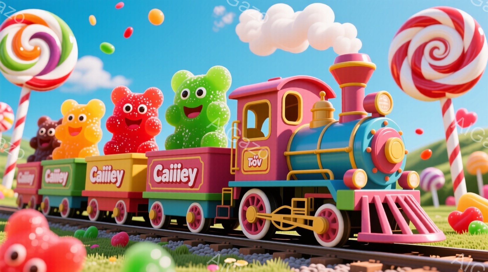 カラフルなキャンディやグミで作られた列車が、緑の丘陵地帯を走っています。列車の先頭車両はピンク色で、グミのキャラクターたちが乗っており、それぞれ笑顔で楽しそうな表情をしています。背景には巨大なキャンディやグミが点在し、夢のような甘い世界が広がっています。