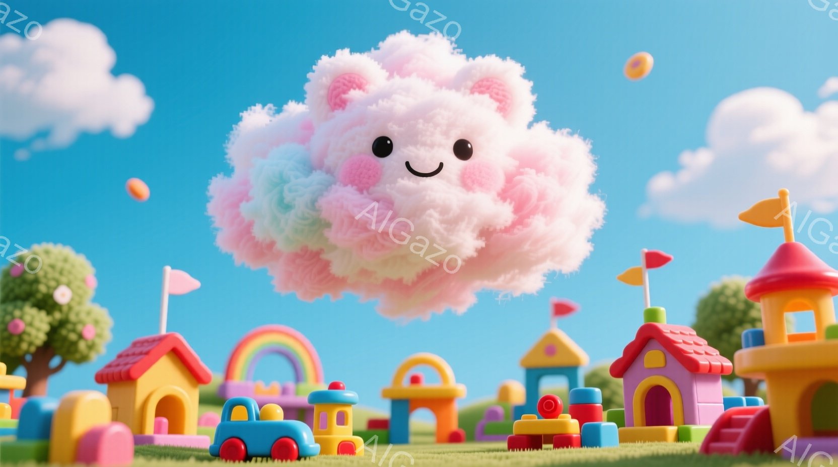 鮮やかな青空の下、ピンクと水色の雲が笑顔で浮かんでいます。その下には、カラフルなプラスチックのおもちゃのような家々や車、虹が並び、まるで子供の遊園地のような風景が広がっています。全体的に明るく、夢のよ - AI生成フリー素材