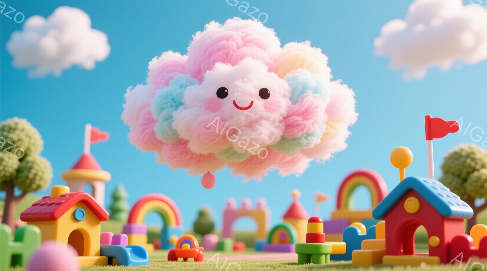 カラフルなパステルカラーの雲が、赤い頬と笑顔で空に浮かんでいます。下には、カラフルなプラスチックのおもちゃのような家々や車が並んだ、おもちゃの街が広がっています。背景は明るい青空で、全体的に夢のような - AI生成フリー素材
