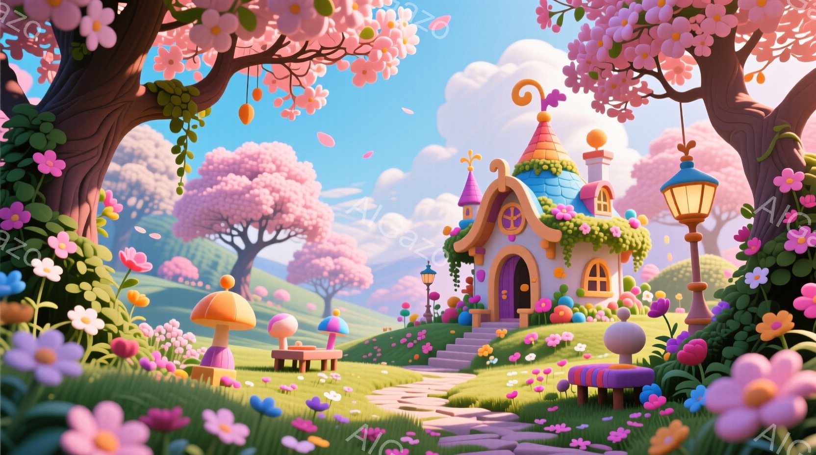 鮮やかなピンクと緑に彩られたファンタジーの世界が広がっています。丸みを帯びた可愛らしい家が丘の上に建っており、周りには色とりどりの花々やキノコの形の椅子が点在しています。背景には、桜のようなピンク色の - AI生成フリー素材